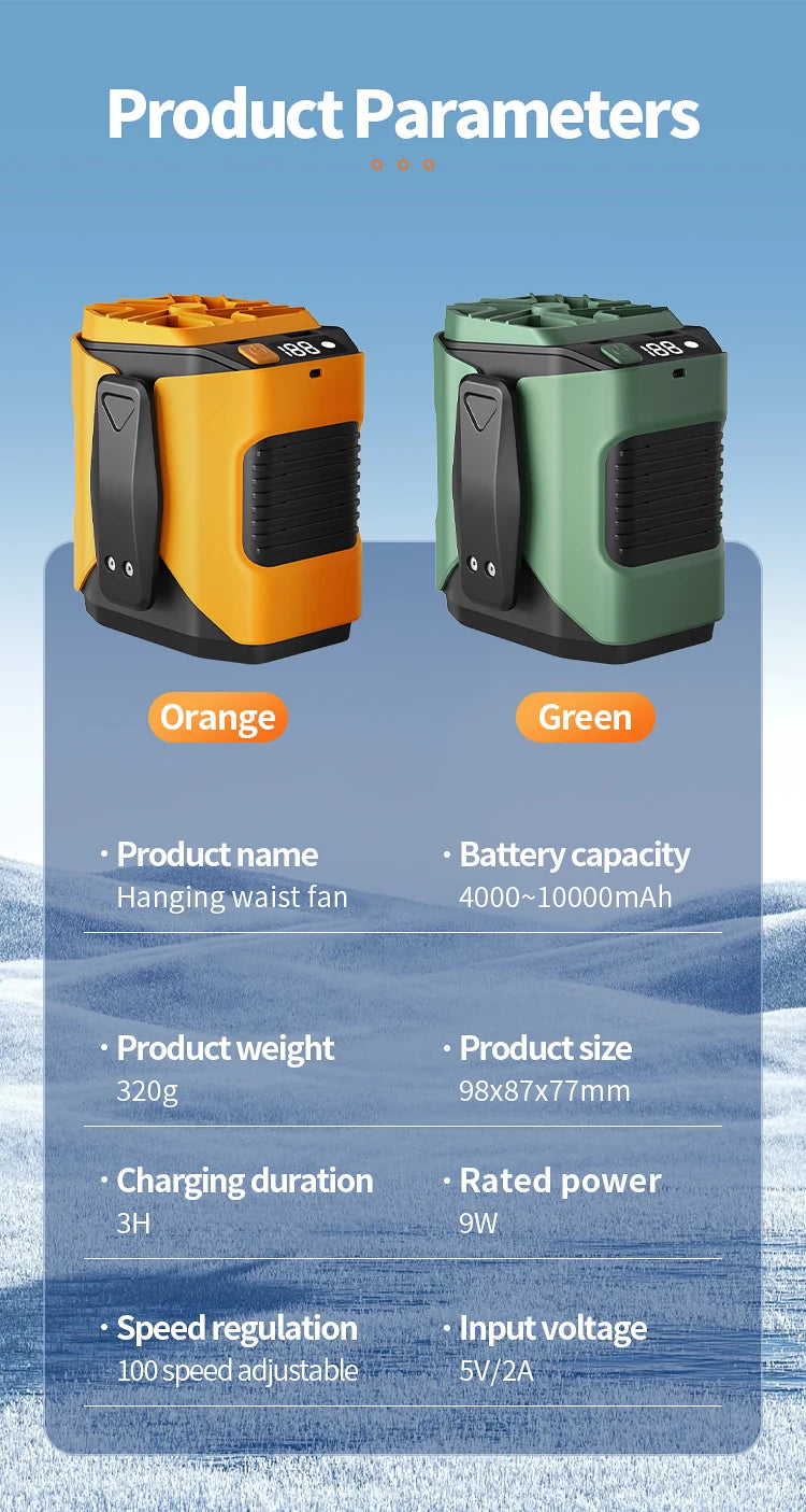 Portable 5000mAh LED Display Mini Waist Clip Fan Hotel & Household Use Battery Powered Cooling Neck Belt Fan