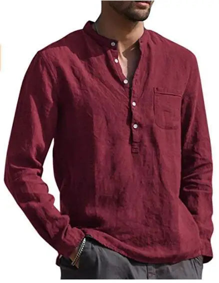 Men's Cotton Linen Casual Long Sleeve T-Shirt Plus Size Stand Collar Streetwear for Autumn Vacation & Fishing Pocket Detail