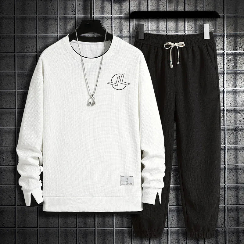 2024 Spring and Autumn Hoodie Set Men's Waffle Crewneck Hoodie Trousers Two-piece Sports Casual Men's Wear Hoodie Sweater