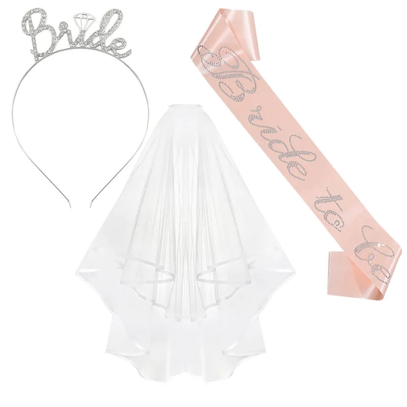 3-piece Set Bride to Be Crown Headband Shoulder Strap Wedding Veil Set for Bridal Shower WB007