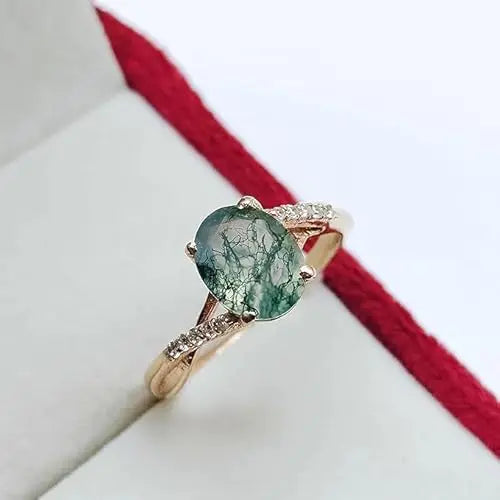 Oval Cut Moss Agate Ring 925 Sterling Silver Rose Gold Plated Promise Ring Delicate Prong Set Engagement Ring