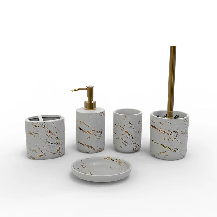 Modern Gold Marble Design Five-piece Eco-Friendly Dolomite Ceramic Custom Color Table Top Bathroom Accessories Set Decal Custom