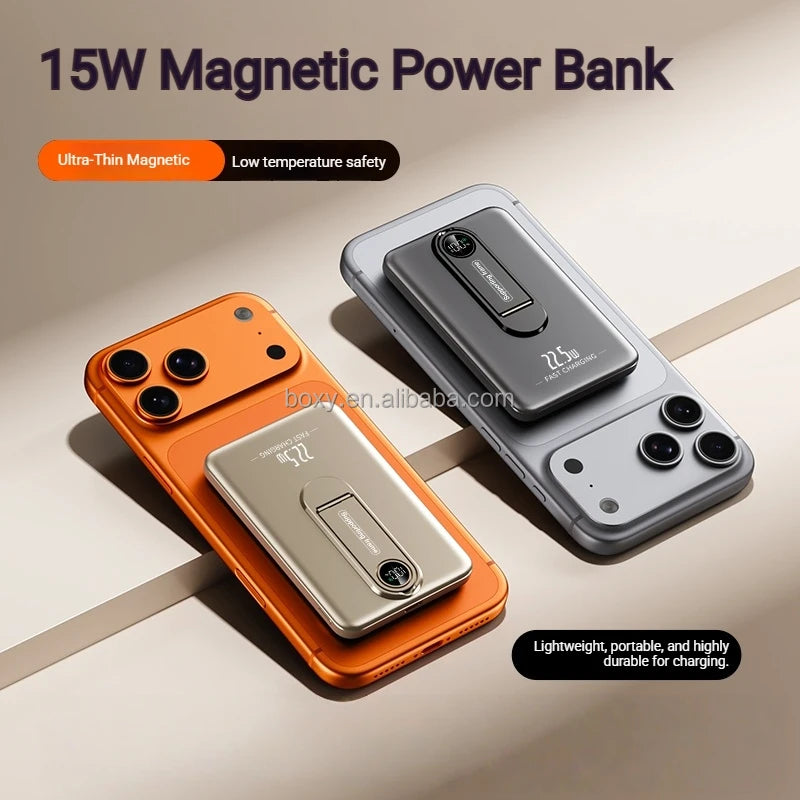 Ultra-Slim Aluminum Magnetic Wireless 5000mAh High Capacity Power Bank with LED Digital Display 15W Fast Charging 2-in-1