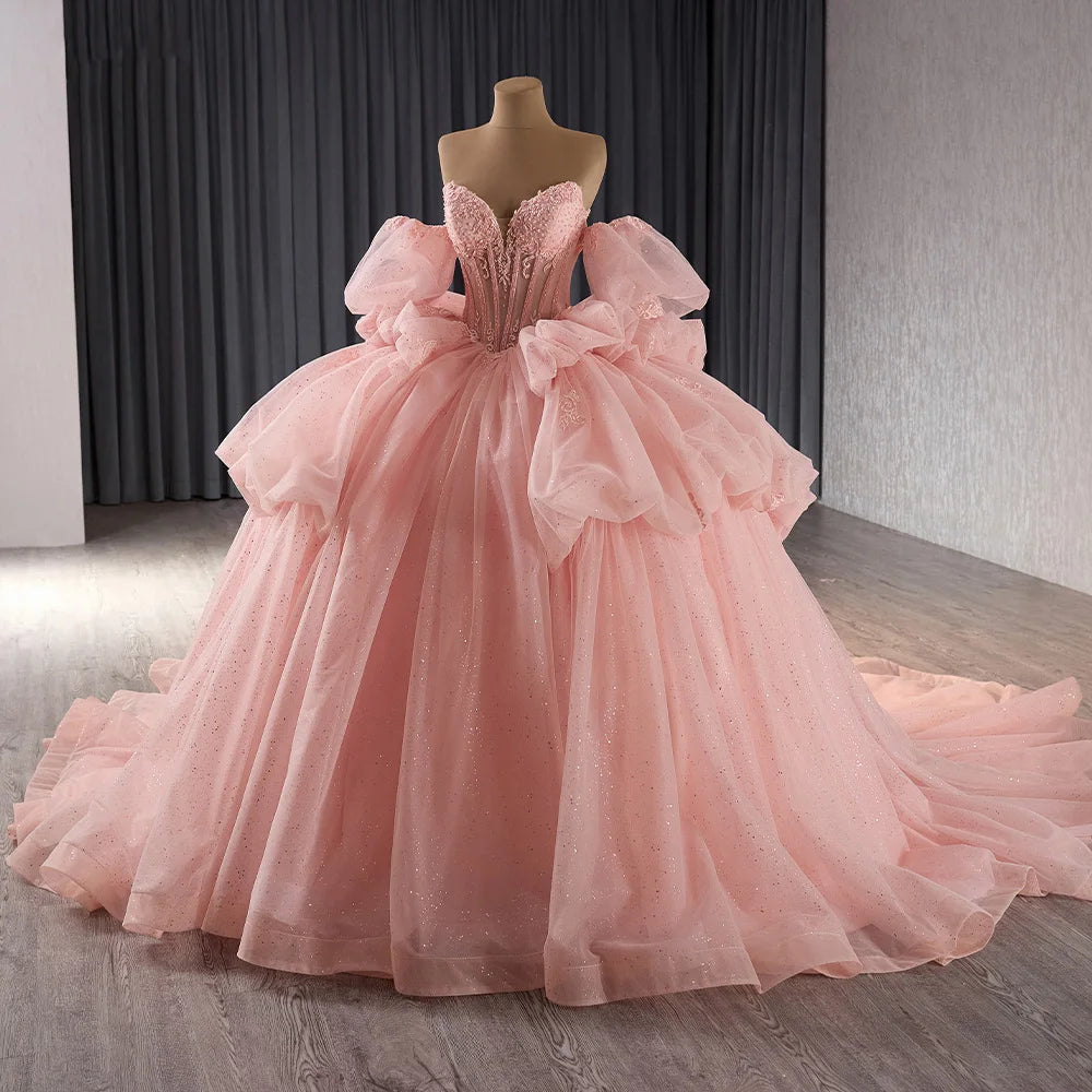 Glitter Pearls Pink Quinceanera Dresses Puff Sleeves Ball Gowns Sweet 15 16 Birthday Dress Rsm241101