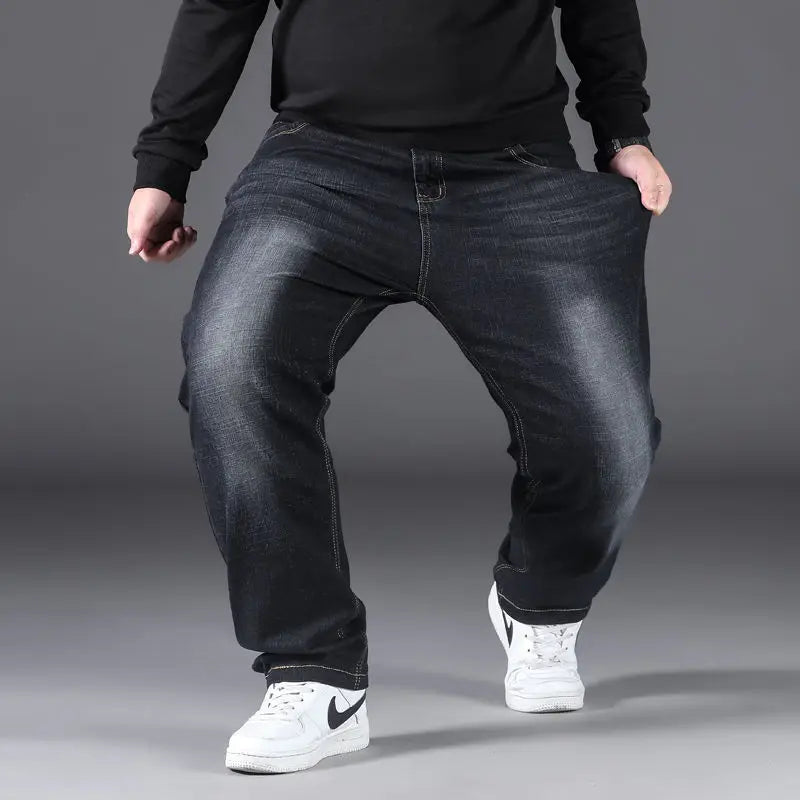 Luxurious Quality High Waist Fleece Lined Loose Stretch Multi-pocket Extra Large Spring Autumn Winter Men's Straight Leg Jeans