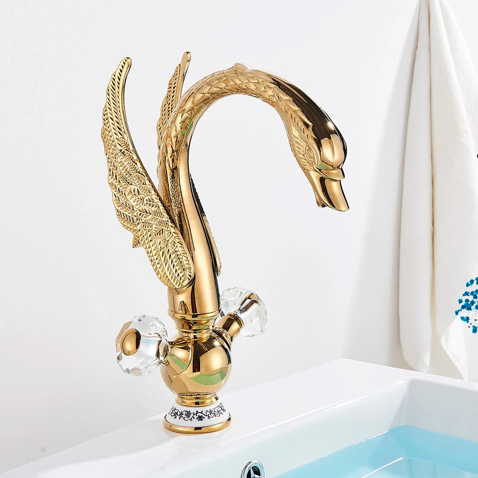 Luxury Gold Swan Basin Faucet Deck Mounted Bathroom Faucet Hot and Cold Water Mixer Tap Bath Water Faucet Basin Sink Taps