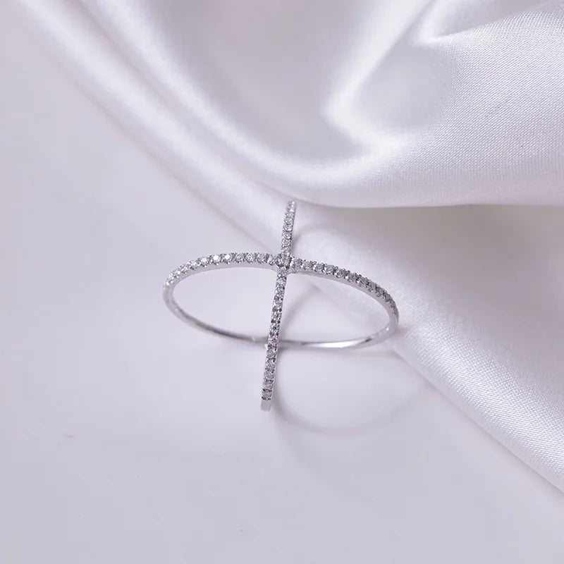 Ruizuan Rhodium Plated Silver Eternity Band Rings Moissanite Trendy Bezel Setting Cross Design Girls Bulk Certified Rings for