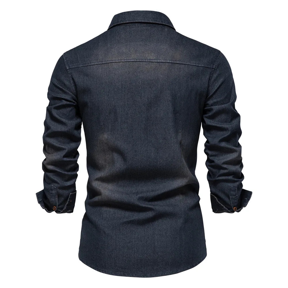 OEM Service Fashion Men Casual Cotton Jeans Shirt Long Sleeve Denim Blouse