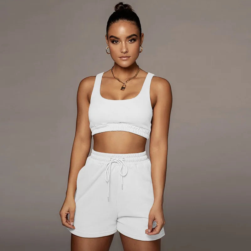 New Fashion Summer Two Piece Set Crop Top Solid Sportswear  Women Elasticity Matching Shorts Athleisure Casual Sets Outfits 2021