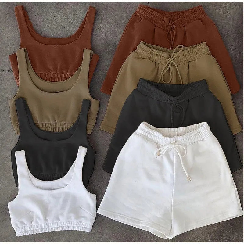 New Fashion Summer Two Piece Set Crop Top Solid Sportswear  Women Elasticity Matching Shorts Athleisure Casual Sets Outfits 2021