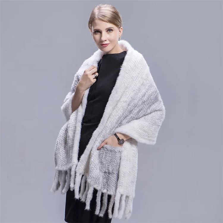 MWFur Fashion Chinese Supplier Wholesale Winter Knitted Mink Fur Shawl for Women Big Size Mink Hair Scarf Winter Fashion