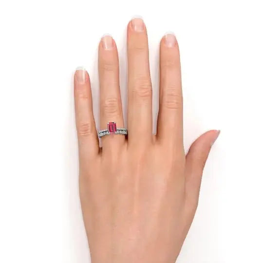 1.45 Carat Emerald Cut Ruby Wedding Ring 925 Sterling Silver Rhodium Plating Classic Style Gemstone Anniversary Party Jewelry