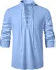 Men's Retro Hippie Beach T Shirt-Summer Casual Short Sleeve Tops Breathable Twill Cotton Linen Stand Collar Henry Drawstring