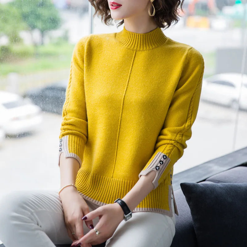 New Korean Women Base Sweater Loose Contrast Color Ladies Half High Neck Split Spring Autumn Pullover Sweaters Pull Tops Femme