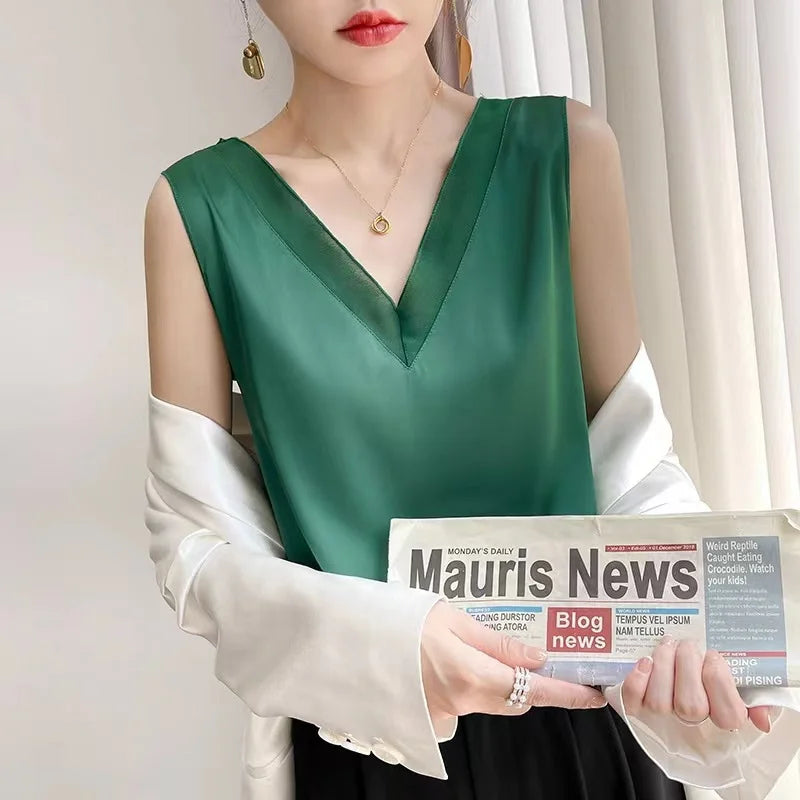 Milan New Style Hot Selling Ladies Spring Summer Autumn Luxury V-neck Real Silk Halter tank Top Women
