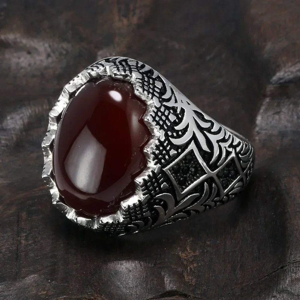 Guaranteed 925 Sterling Silver Black Rings for Men Retro Vintage Flowers Turkish Ring Jewellery With Stone Turkey Jewelry