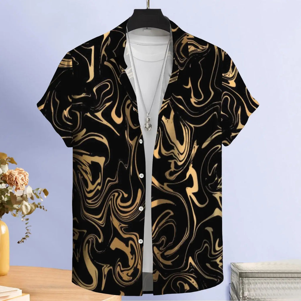 Luxurious Men's Ink-printed Shirt with Golden Marble Pattern Design. 100% Polyester Fiber. Quick-drying Summer Custom-made Style