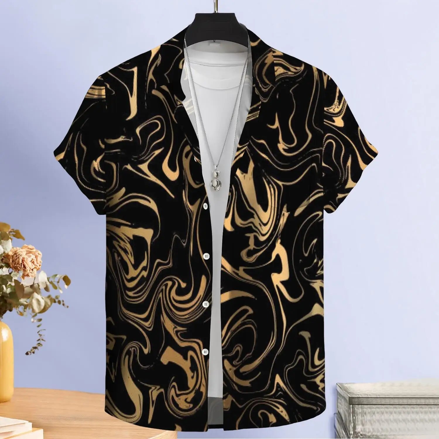 Luxurious Men's Ink-printed Shirt with Golden Marble Pattern Design. 100% Polyester Fiber. Quick-drying Summer Custom-made Style