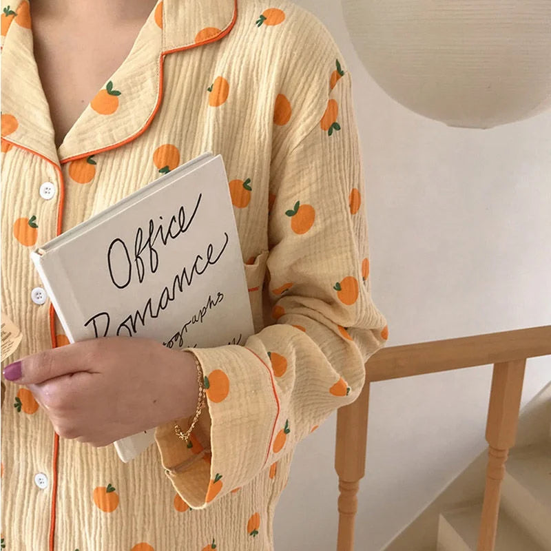 Kawaii Cotton Home Suit Korean Sleepwear Orange Print Pajamas Women Autumn Pijama Pyjamas Long Sleeve Pants 2piece Set Nightwear