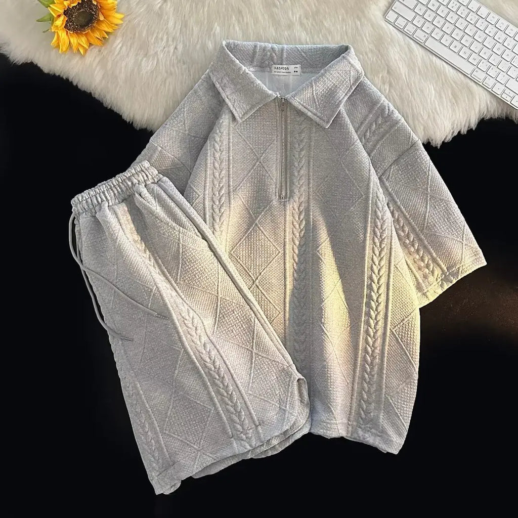 M-3XL Summer Sports Set Boys' Loose Zippered Lapel Short Sleeved T-shirt Student Minimalist Drawstring Pocket Shorts