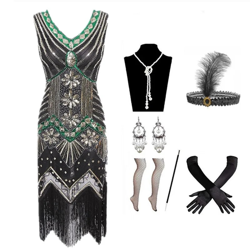 Halloween Cosplay Dress for Women 1920s Vintage Flapper Long Fringe Beaded Gatsby Party Dress With 20s Accessories Set