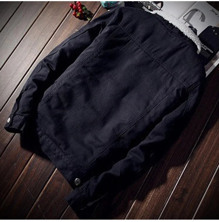 Men's Winter Warm Berber Fleece Denim Jacket Slim Fit Thicken Coat Outerwear Black Blue