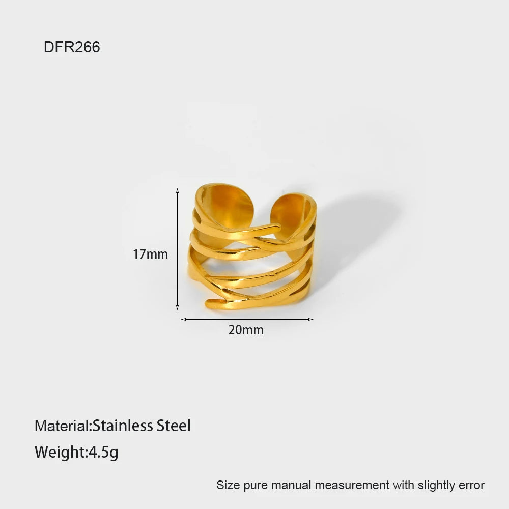 Geometric Jewelry 18K Gold Plated Finger Ring Stainless Steel Chain Starfish Ginkgo Leaf Layer Opening Stacking Rings Gift
