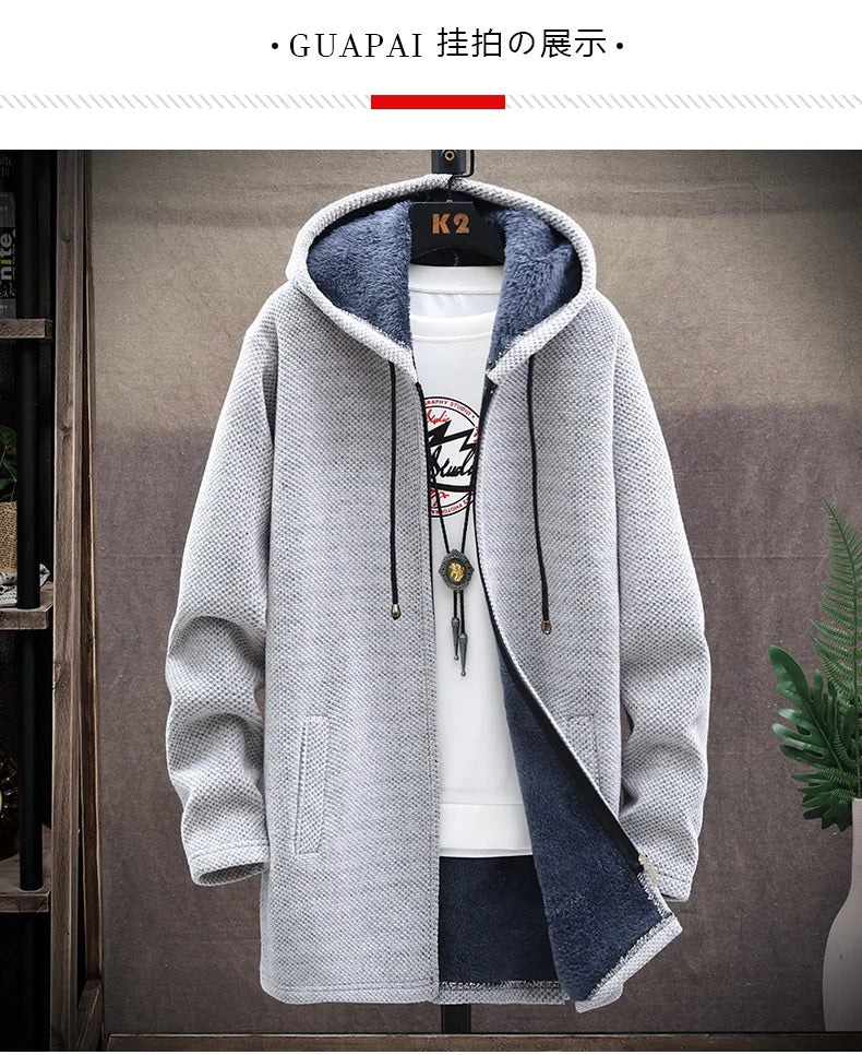 Mens Long Knit Cardigan Autumn Winter Sweater Coat Fleece Heavy Hooded Trench Coat Solid Chenille Men's Fashion Jacket