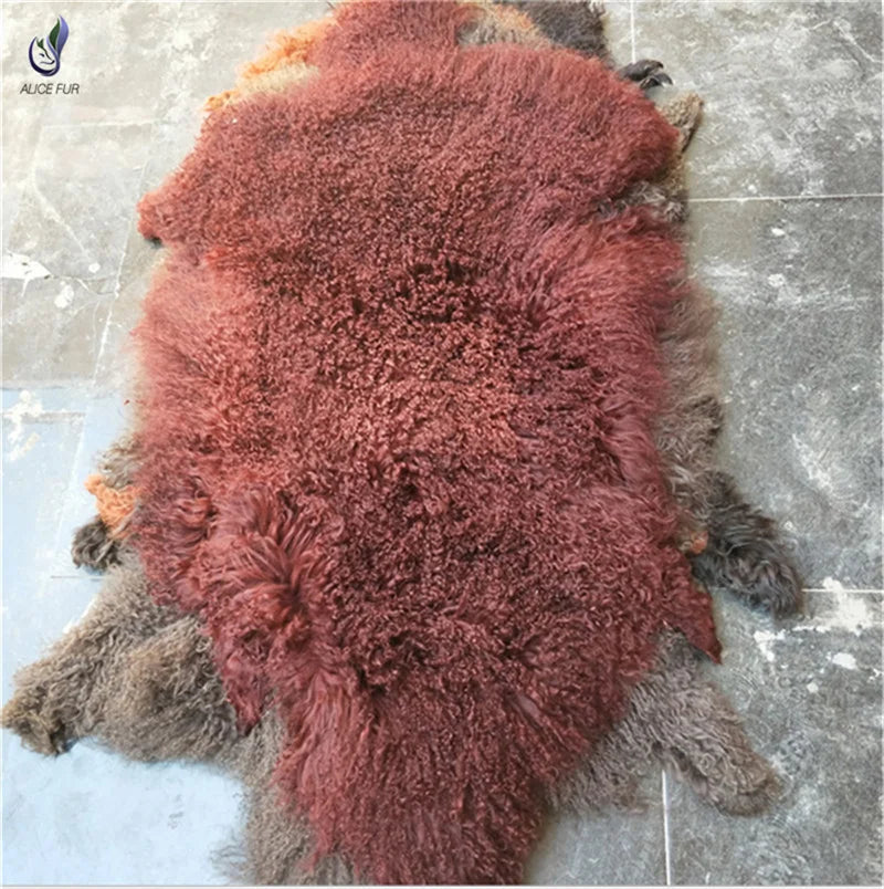 Long Hair Curly Real Mongolian Tanned Sheep Fur Pelt for Garment Use
