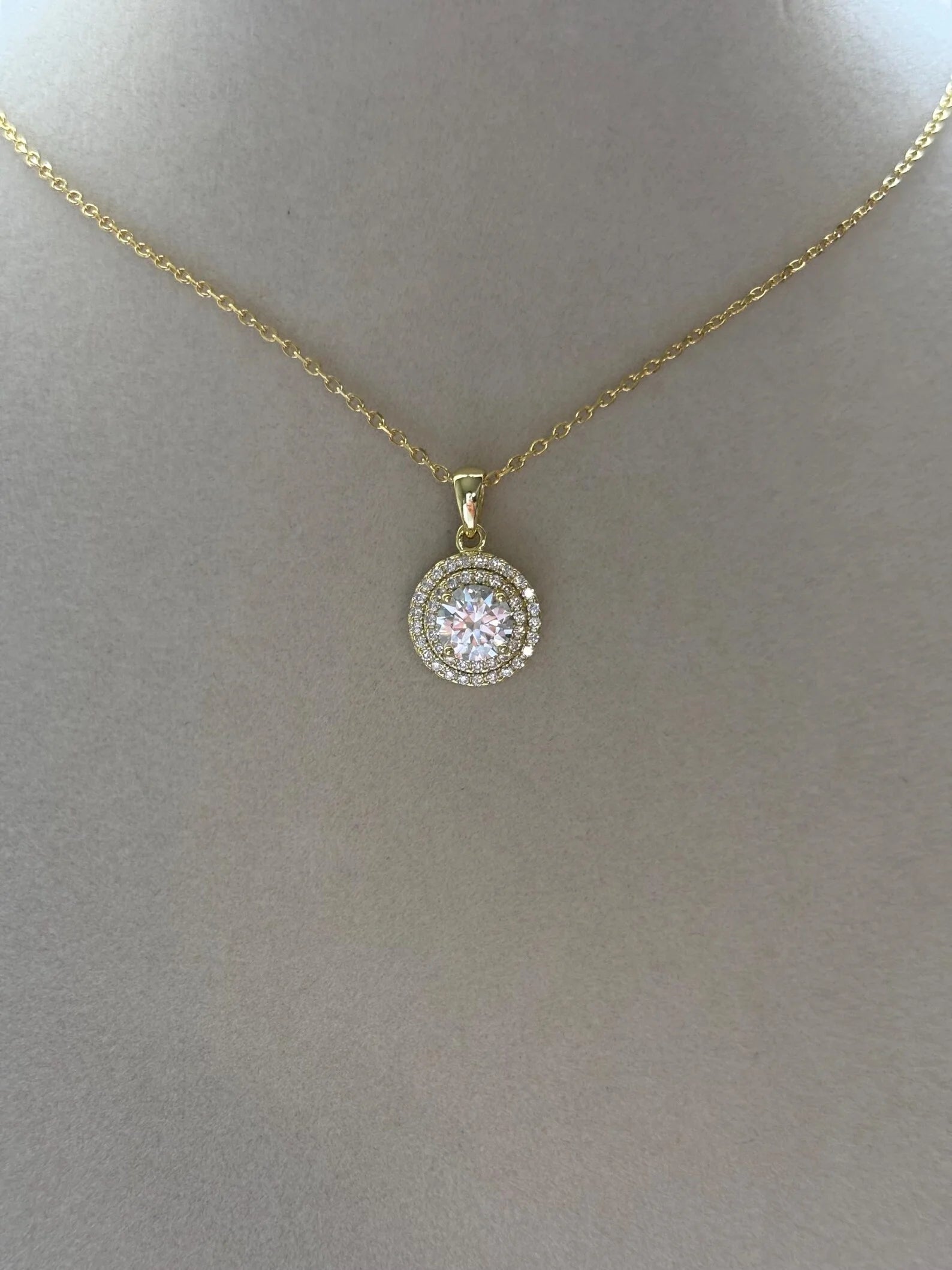 Dainty Christian Moissanite Double Halo Necklace Gold Plated Diamond Alternative Charms Pendant Party Stacking Jewelry