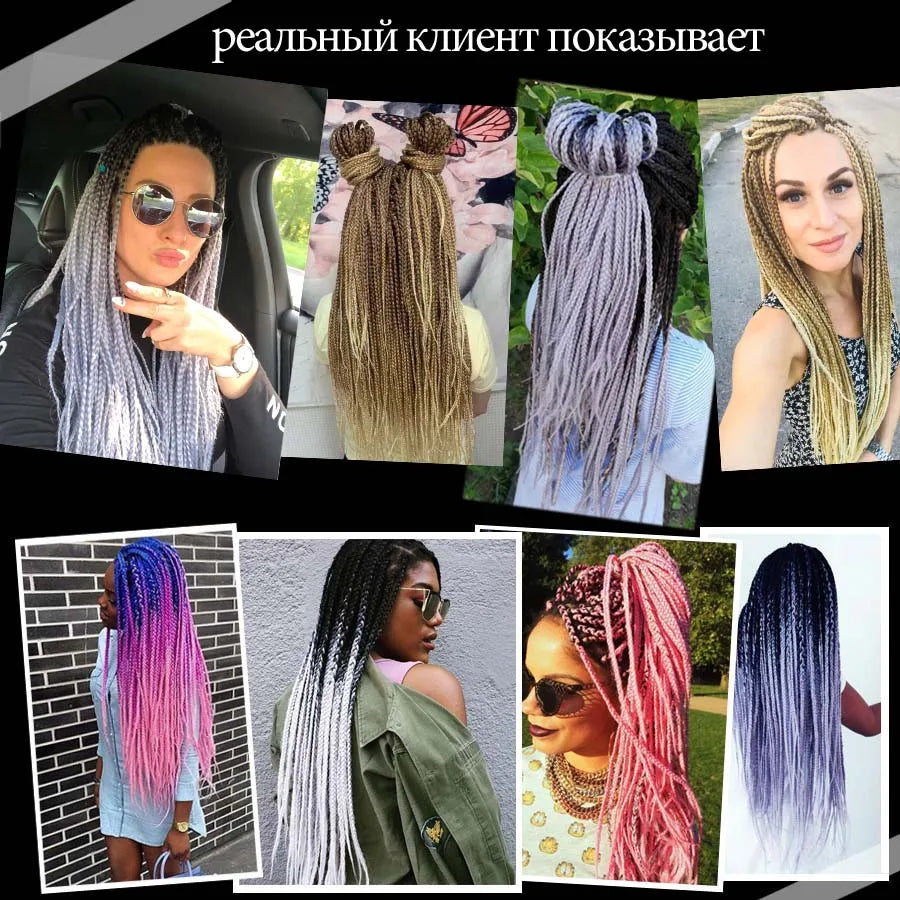 TOMO Synthetic Crochet Hair Box Braids 22Roots Colored Braiding Hair Extensions 24Inch Rainbow Ombre Crochet Braids Pink Red
