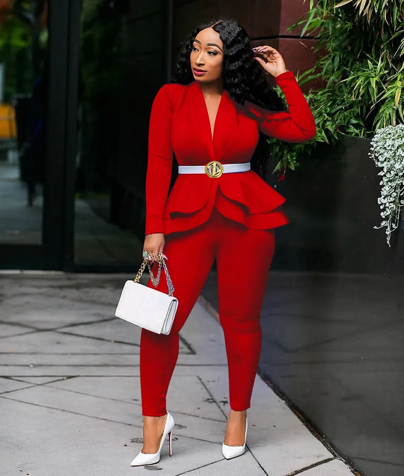 New 2025 Women Long Sleeve Solid Ruffles Design Top & Skinny Pencil Pant Sets Two Piece Set Women Outfits