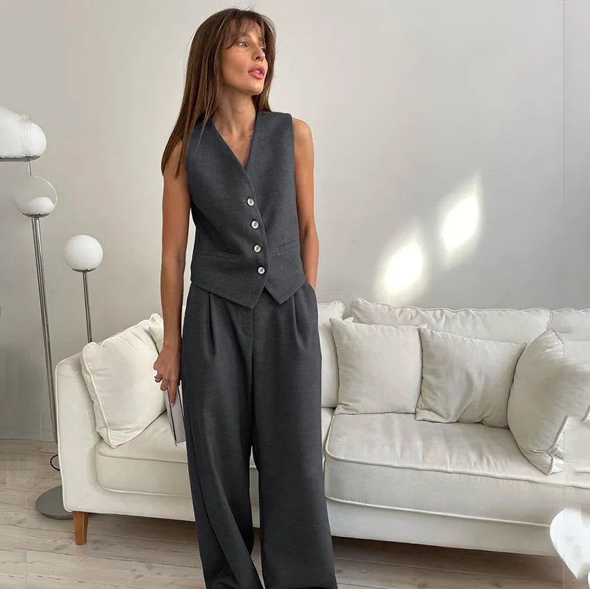 Enyami Minimalist Office Casual Co Ords Outfits V Neck Buttons Vest High Waist Wide Leg Pants Suits 2 Two Piece Sets Women