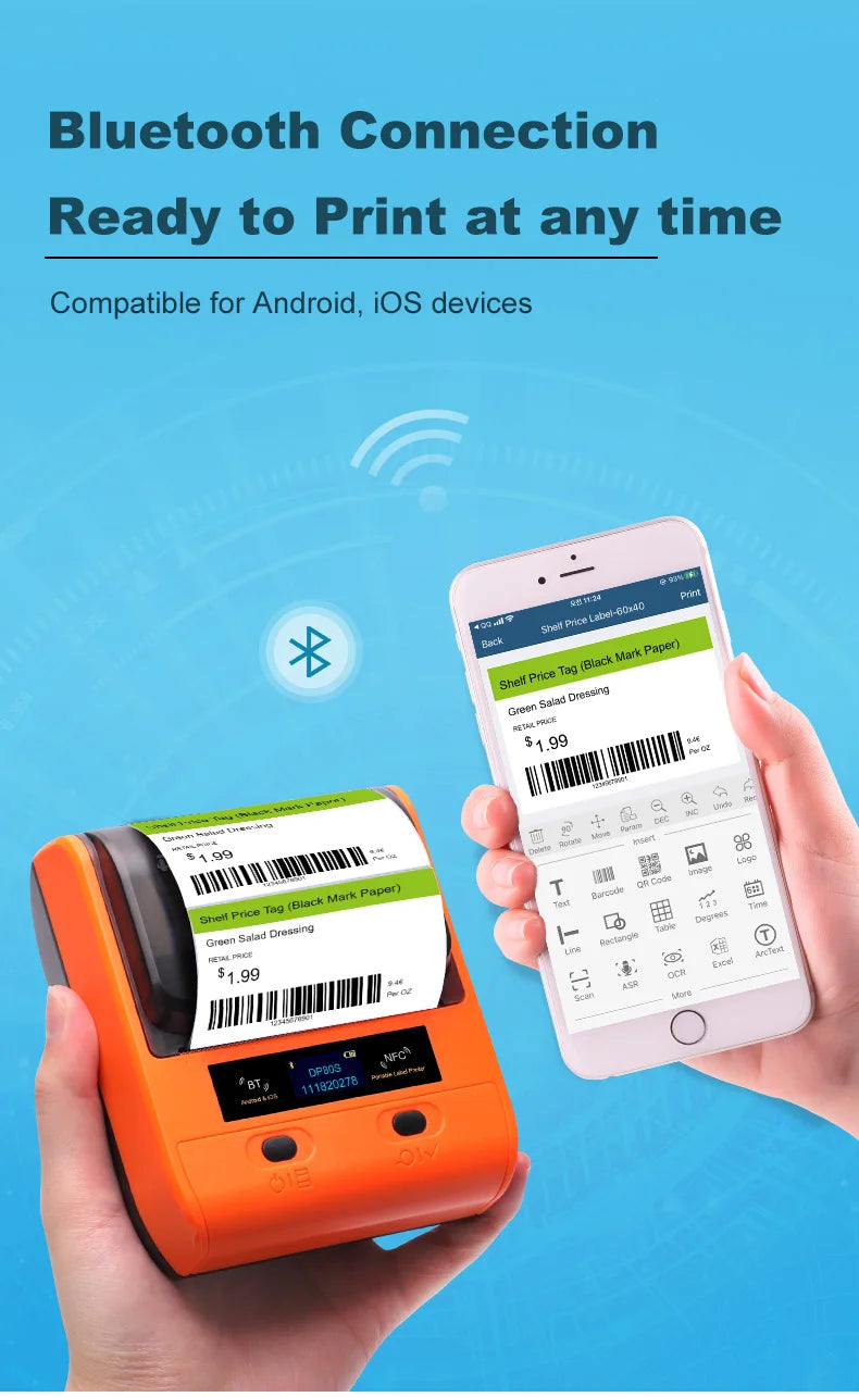 DETONGER DP30S 28-80mm Mini Portable Thermal Printer Multifunctional Barcode Label Sticker Maker BT Android / iOS