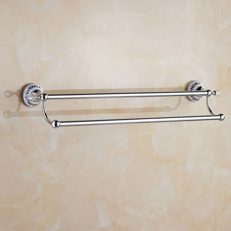 European Antique Blue and White Porcelain Chrome Finish Bathroom Hardware Set Silver&Crystal Towel Rack Bar Hook Basket Rack 5
