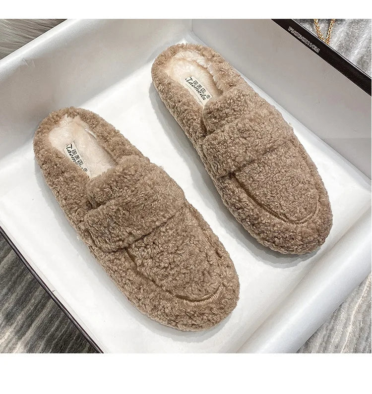 Winter Warm Plush Mules Women One Band Fur Slippers Cozy Cotton Shoes Woman Flats Cover Toe Fleeces Slides Femme Wool Pantuflas