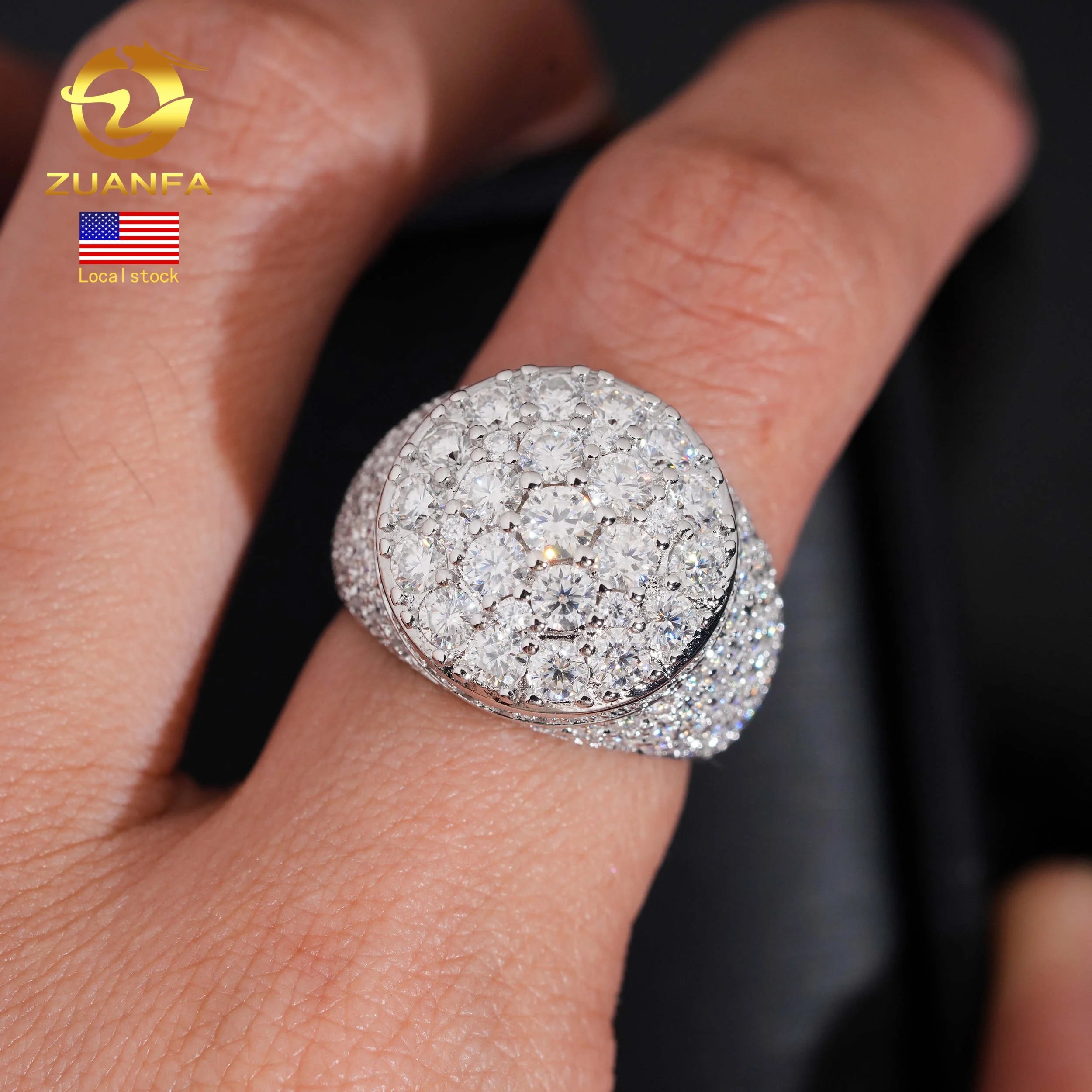USA Local Stock RTS Hot Sale Custom Hip Hop Moissanite Rapper Jewelry VVS Moissanite Iced Out 925 Silver Rings Diamond Men Ring