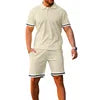2024 Hot Sale Summer Men Short Sleeve Top + Short  Pants Turn Down Collar Solid Color Loose Casual Two Piece Suits