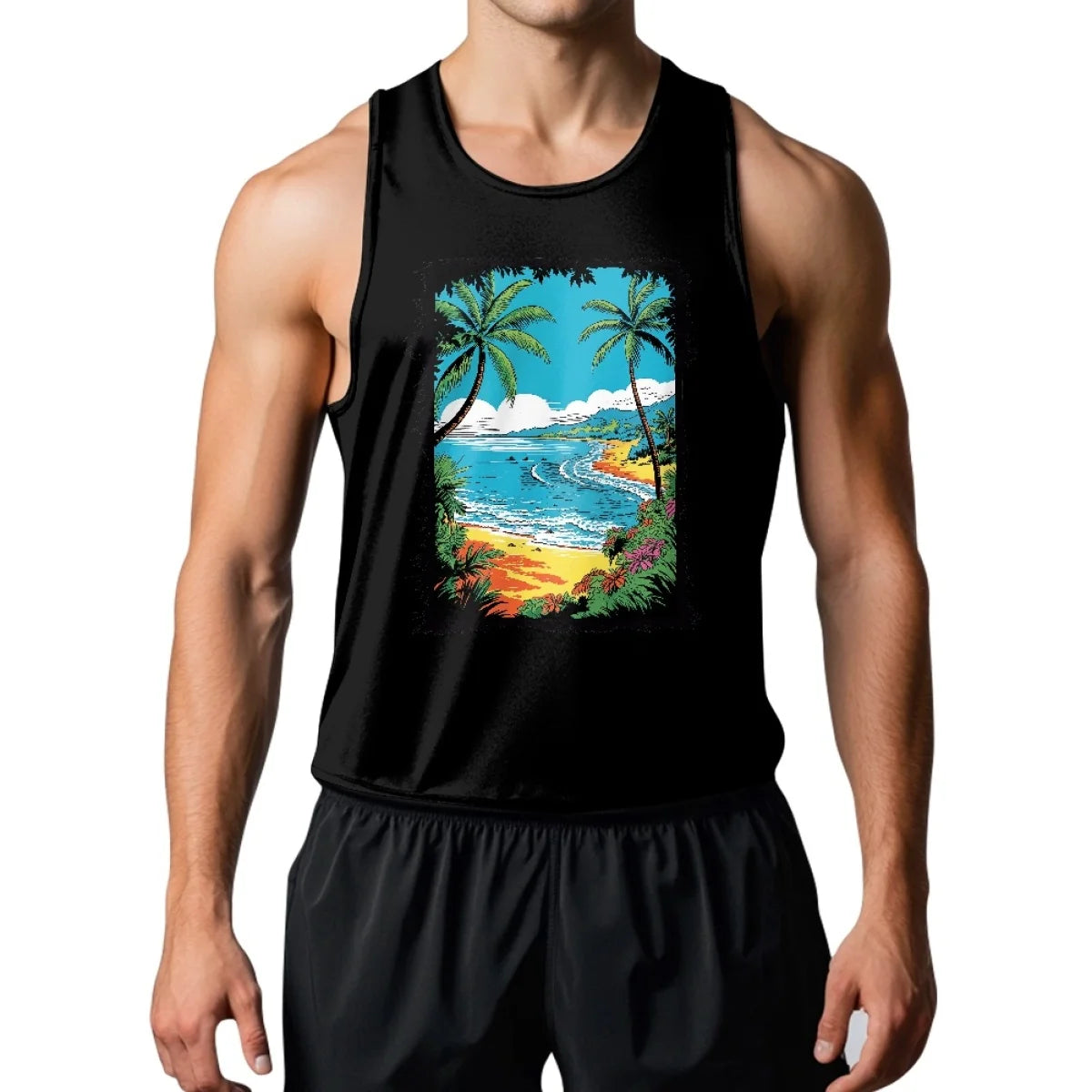 Made in USA Free Shipping MOQ1 Beach Palm Tree Element Men's Casual Vest Underlay Sleeveless Tee Gym Stretch Muscle-Showing Vest