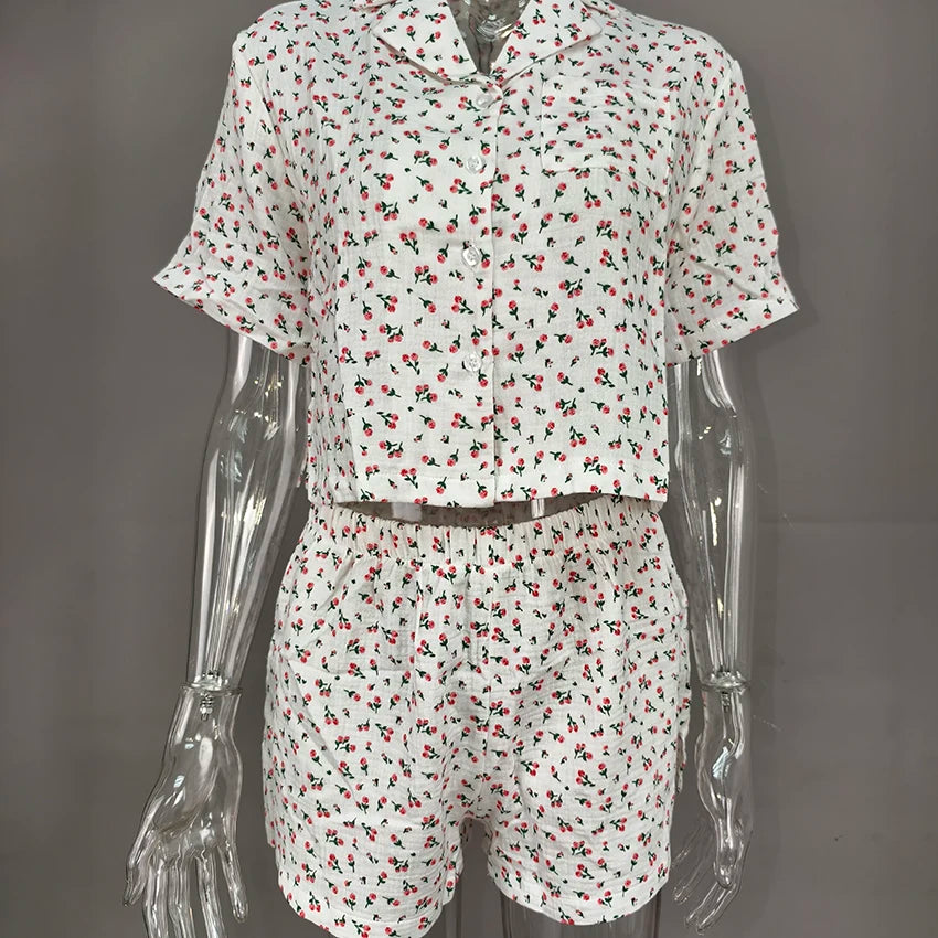 QINSI Sexy Summer Sleepwear Short Sleeves Sets 2 Pieces Pajamas for Women Floral Print Pj Cotton Pyjamas Set for Women