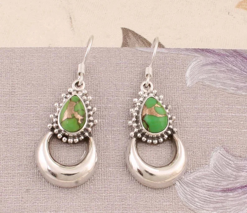 Hot Selling 2025 Natural Green Copper Turquoise Rhodium 925 Sterling Silver Hoops Earrings for Wedding Gift Unisex Factory Price