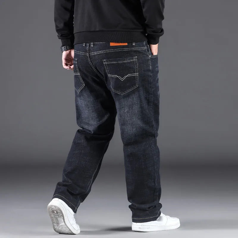 Luxurious Quality High Waist Fleece Lined Loose Stretch Multi-pocket Extra Large Spring Autumn Winter Men's Straight Leg Jeans