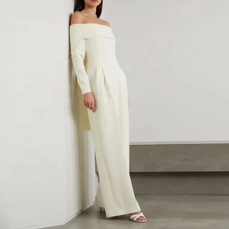 OUDINA Spring New Off Shoulder Ruffles Long-sleeved Wide Leg Pants Jumpsuit for Women