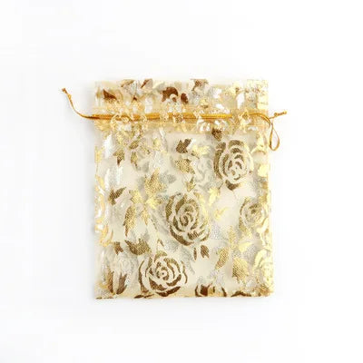 100pcs/lot 7x9 9x12 11x16 13x18cm Printing Roses Love Christmas Organza Bags Drawstring Gift Bag Charm Jewelry Packaging Bags