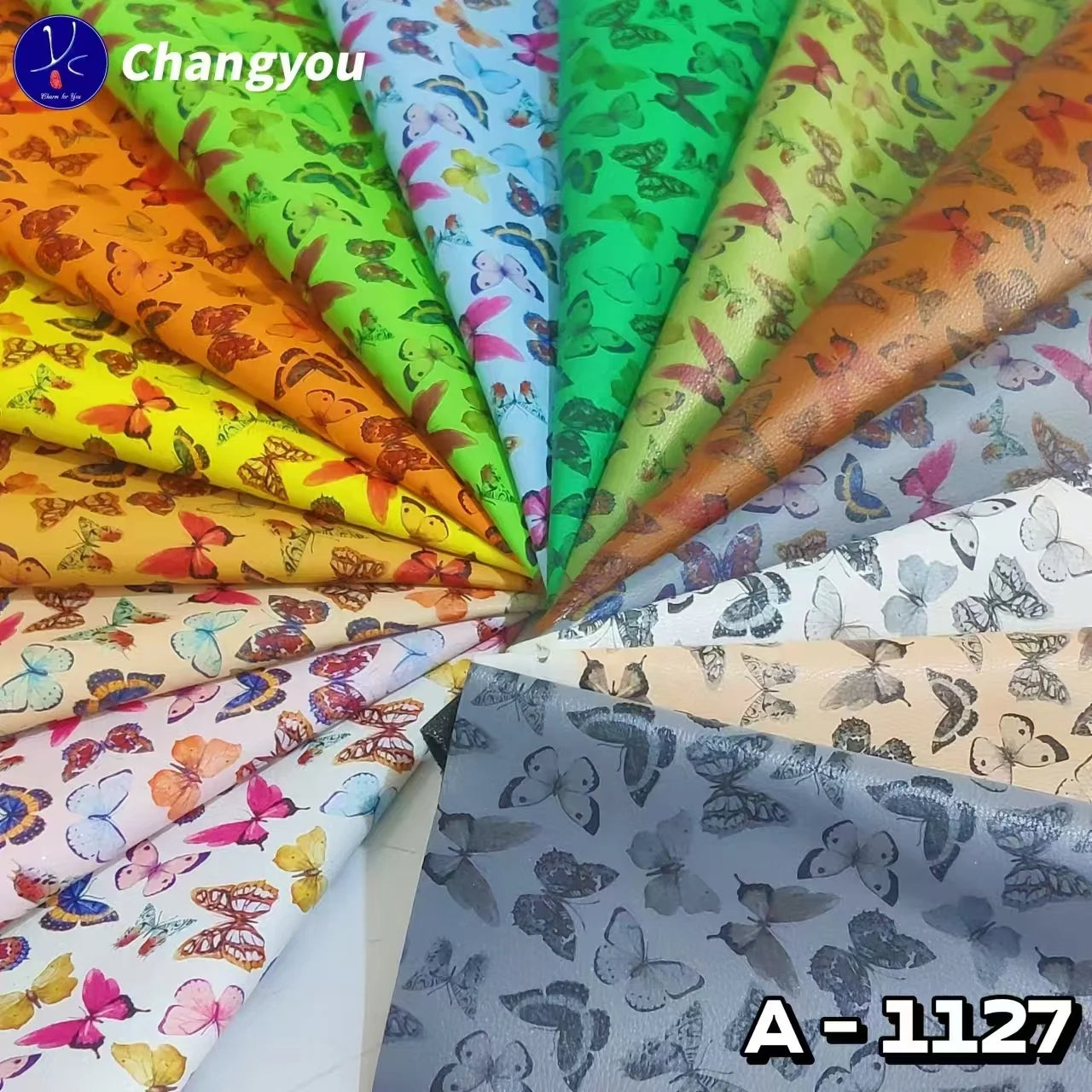 A-1127 PU Synthetic Leather Glitter Effect Butterflies Design Durable Fabric for Fashion Bags Shoes Sofas Outdoor Garment Use