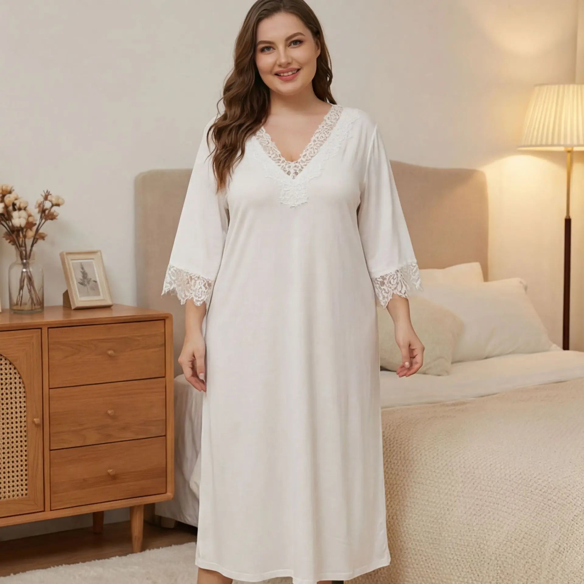 Cross-border European and American plus-size solid color lace mid-sleeve nightgown, loose-fitting home long dress, sexy and simp