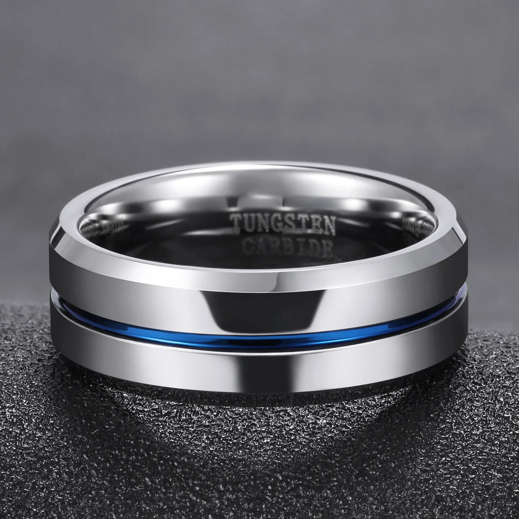 OAHLAN 8mm High Polished Tungsten Carbide Rings Blue Line Grooved Anti Rust for Mens Wedding Engagement Anniversary Gift Jewelry