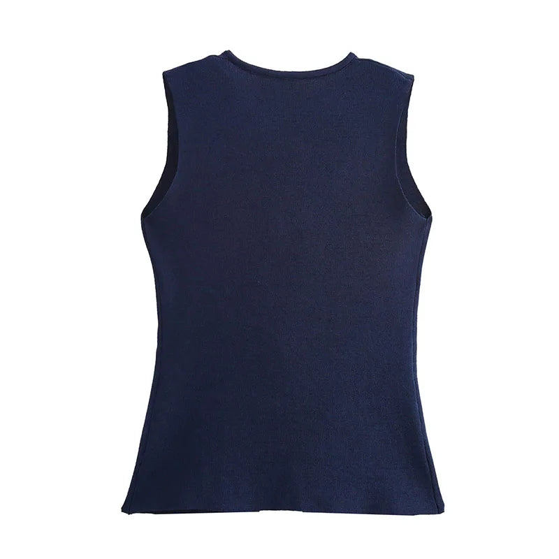 ZATRHMBM Women's 2024 Summer Fashion Gold Button Trim Knitted Vest Top Retro Sleeveless V-neck Elegant Casual Ladies Vest