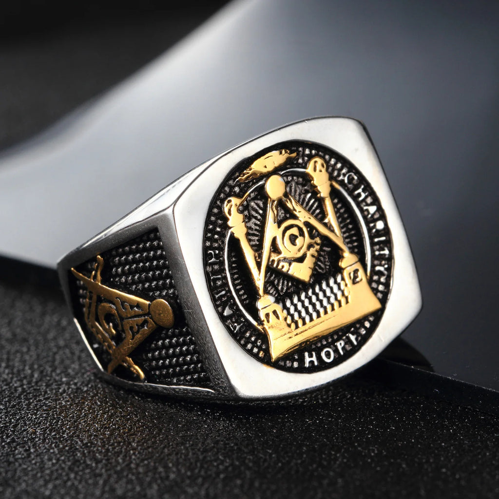 OAHLAN Fashion Jewelry Rings Wedding Bands Gold Plated Vintage Freemason Symbol Masonic Stainless Steel Inlay Men Gift