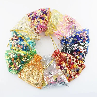 100pcs/lot 7x9 9x12 11x16 13x18cm Printing Roses Love Christmas Organza Bags Drawstring Gift Bag Charm Jewelry Packaging Bags